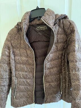 Michael Kors Brown Packable Down Jacket with Leopard Trim